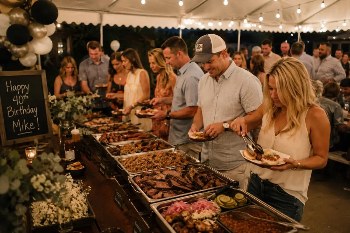 Generous buffet-style American BBQ spread for a private celebration