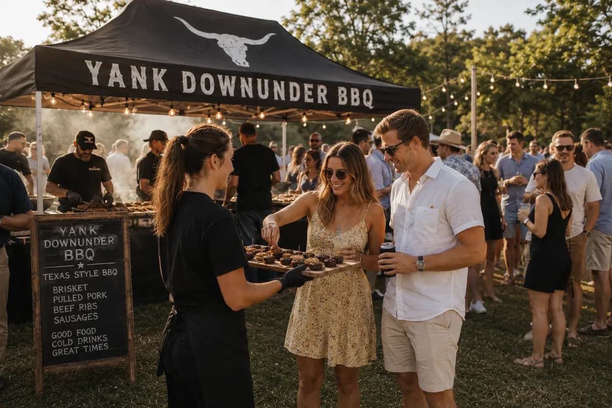 Long-table wedding celebration with shared American BBQ feast