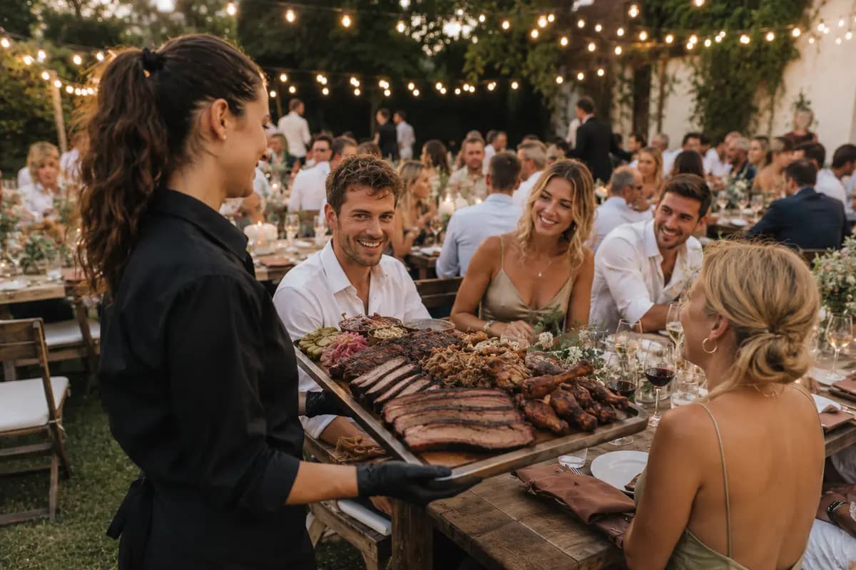Shared-table American BBQ feast for long-table celebration catering