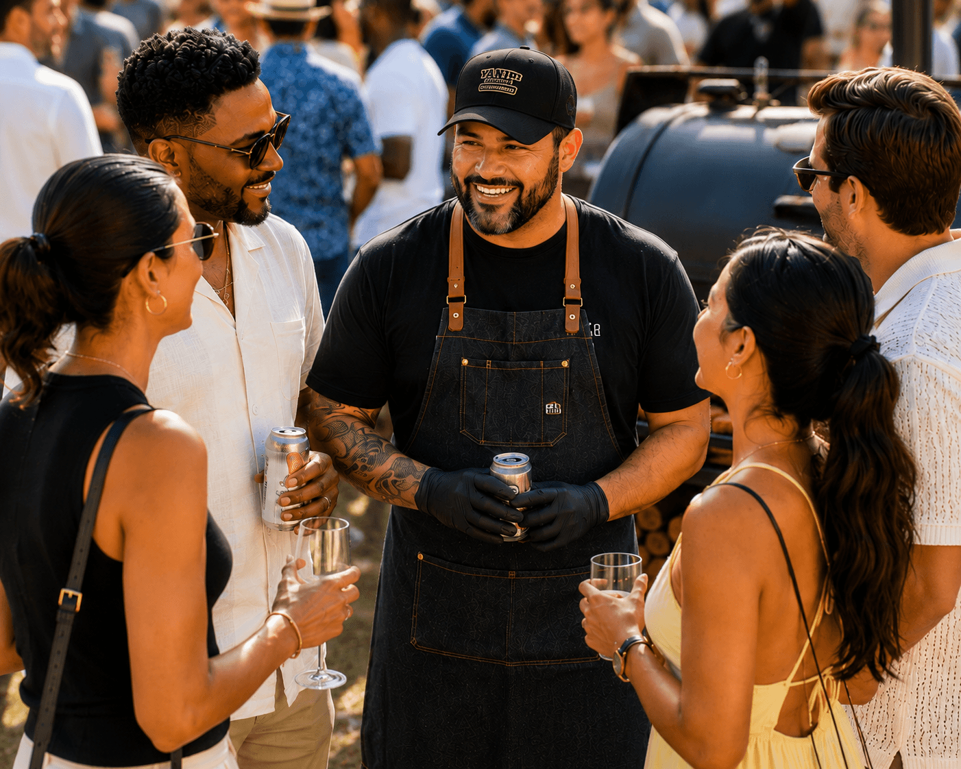 Pitmaster chatting with guests beside an offset smoker at an outdoor BBQ event