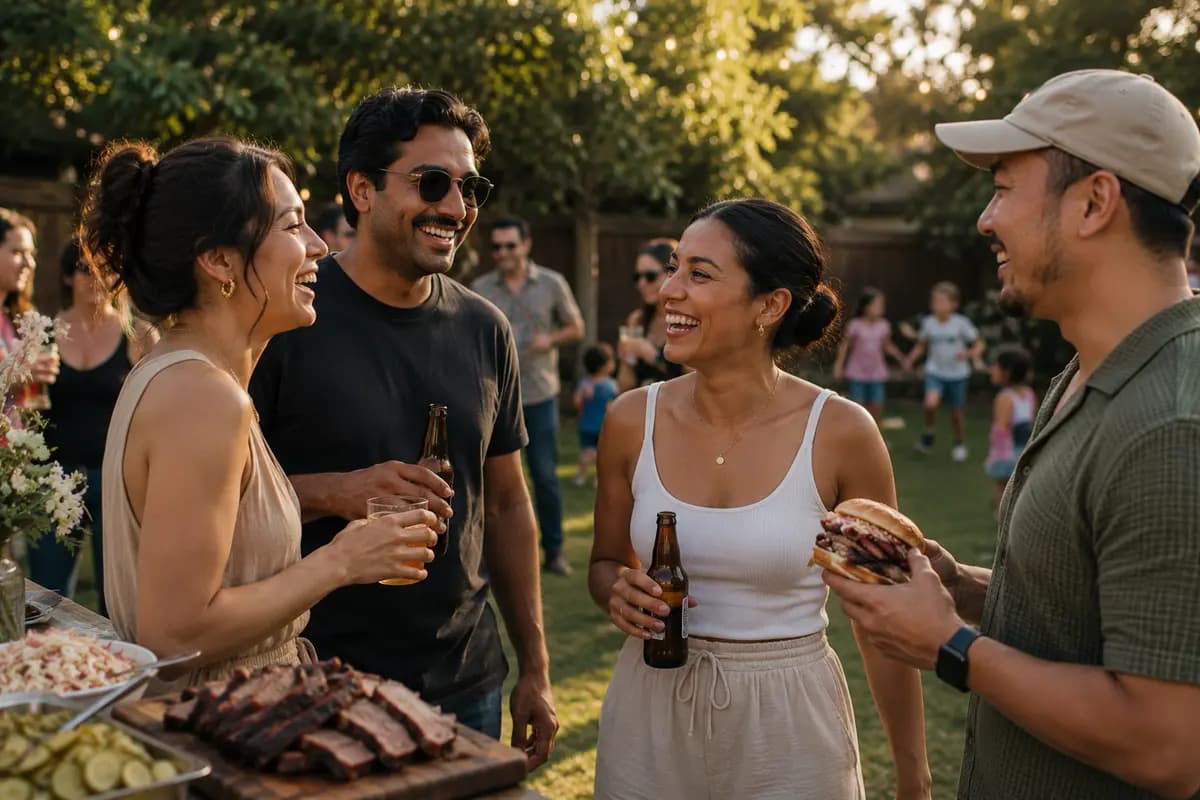 Guests chatting at a backyard party with BBQ sandwiches and drinks