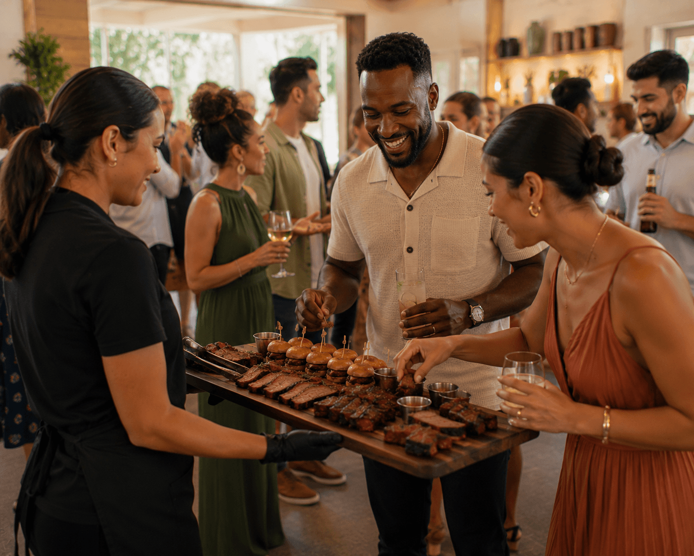 Roving BBQ platter service at a cocktail-style private event