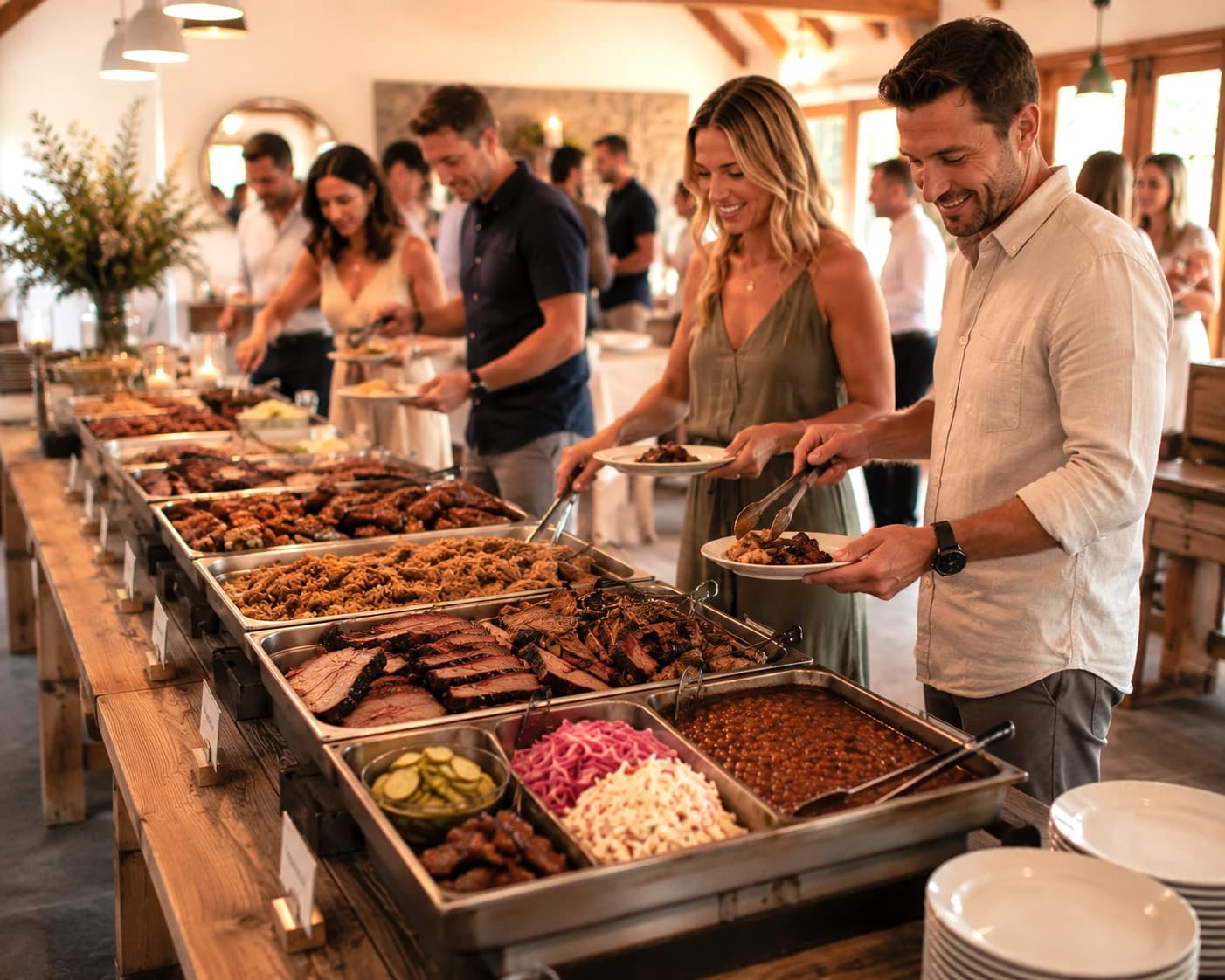 Guests serving themselves from a generous BBQ buffet spread